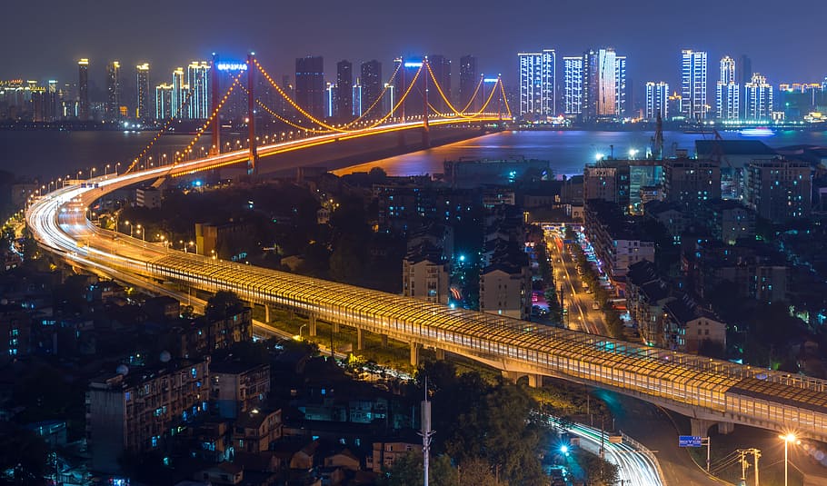 jembatan pulau burung beo wuhan, pemandangan malam, lalu lintas, hubei, wuhan, wuchang, jembatan sungai yangtze, arsitektur, struktur yang dibangun, kota