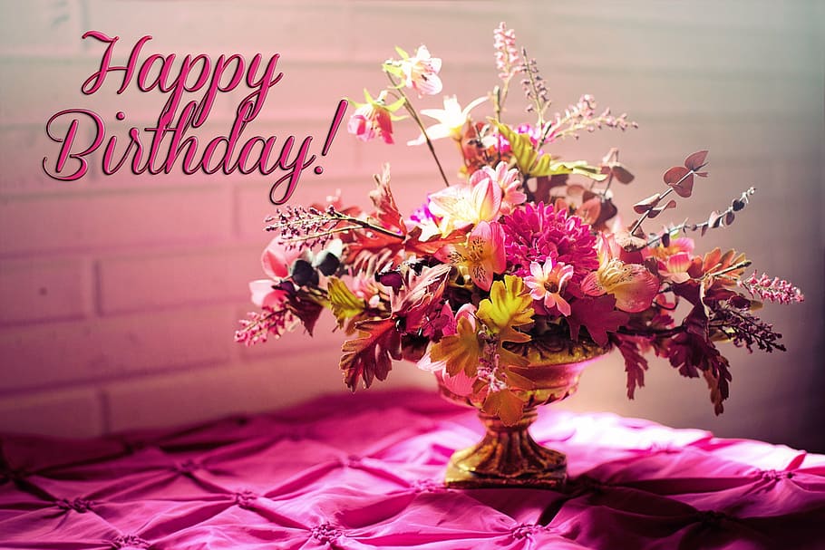 yellow, pink, flowers, pot, happy birthday, birthday, birthday flowers, happy birthday card, greeting, card