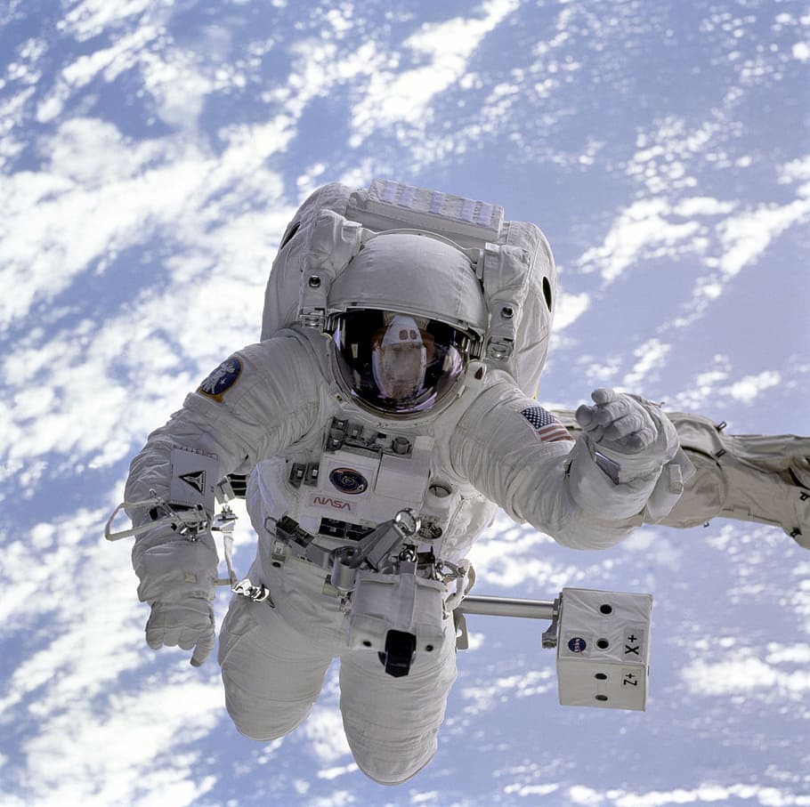 astronaut, wearing, nasa suit, space shuttle, space walk, discovery, space, universe, night sky, sky