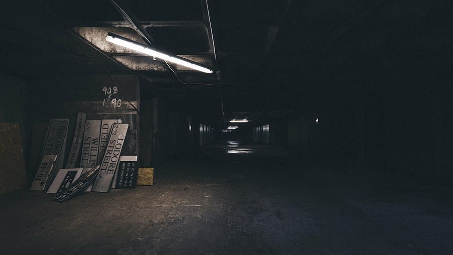 abandoned, alley, building, dark, empty, indoors, light, signboards, illuminated, night