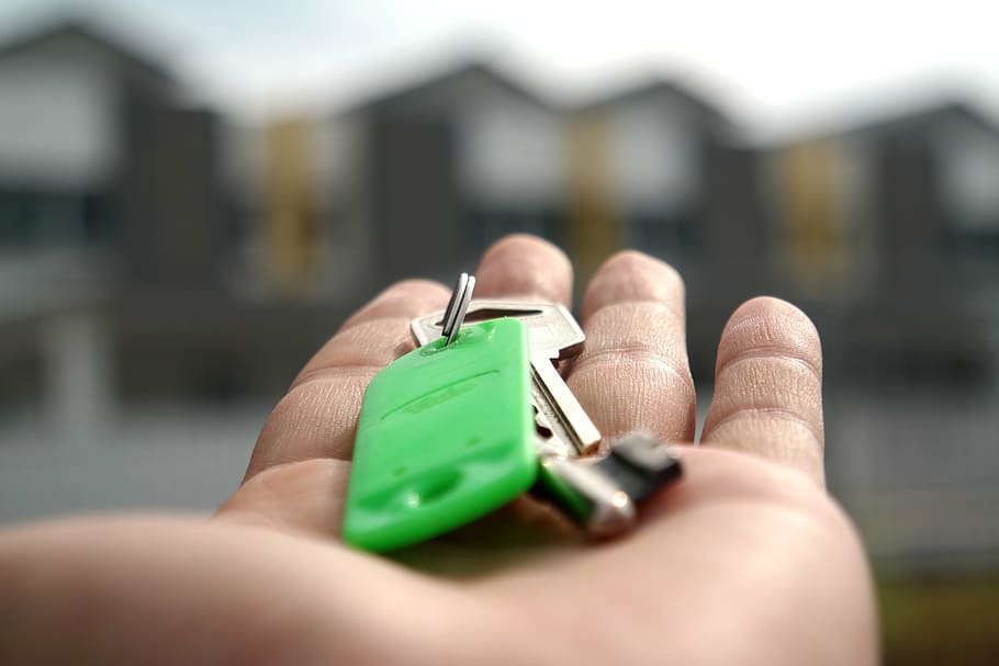 tilt shift lens photography, person, holding, stainless, steel, key, home, house, estate, business