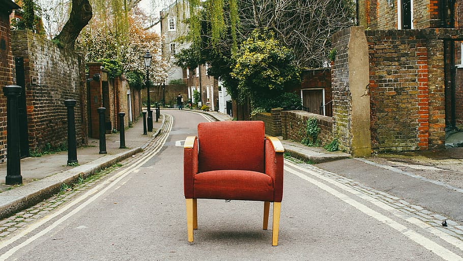 red, armchair, center, road, fabric, grey, highway, near, brown, bricked
