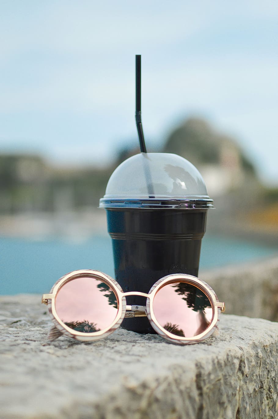 selective, focus photography, black, plastic cup, sunglasses, eyewear, frame, lens, rock, coffee