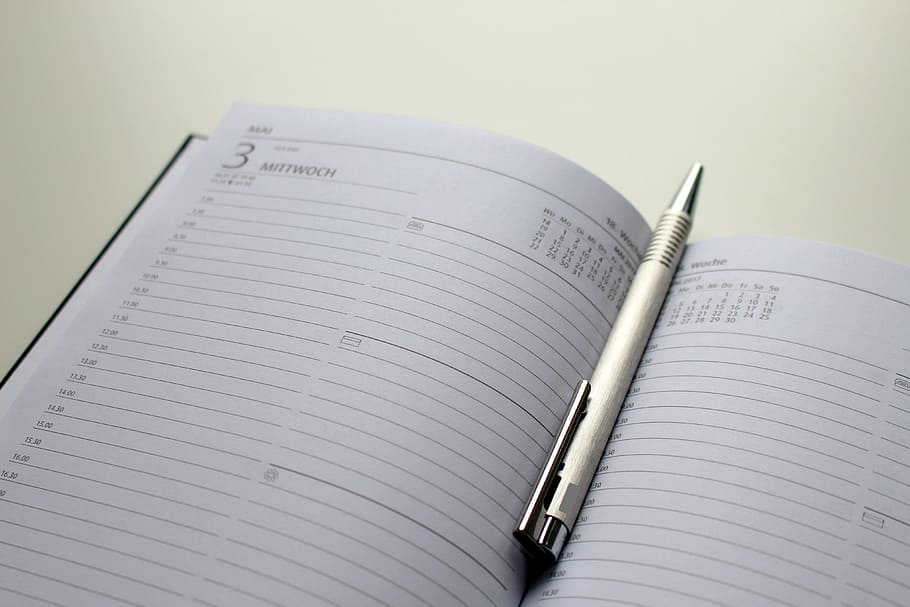 retractable, pen, inside, business diary book, white, notebook, coolie, desk, workplace, home office