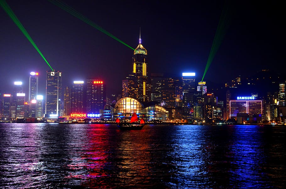 Foto, crucero, edificios, horizonte, China, noche, ciudad, luces, tarde, rascacielos