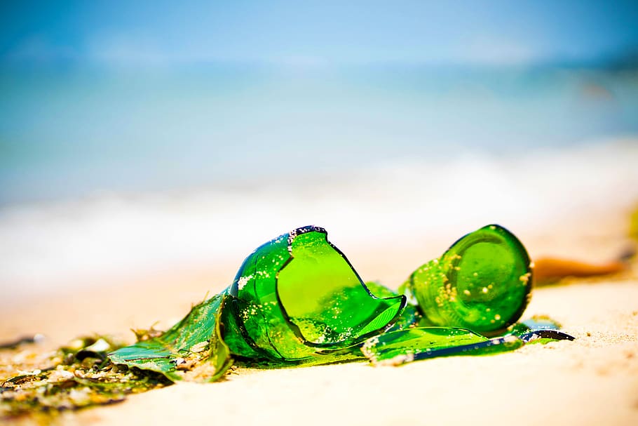 limbah, pantai, botol, pasir, laut, sampah, bahaya, polusi, latar belakang, lautan