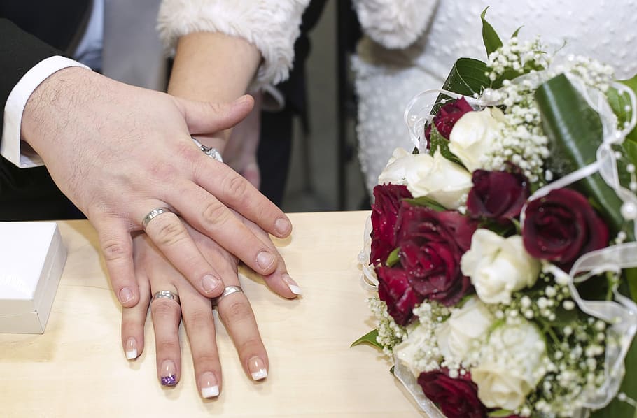wedding, wedding rings, hands, hand, bouquet of roses, marriage, love, rings, marry, human hand