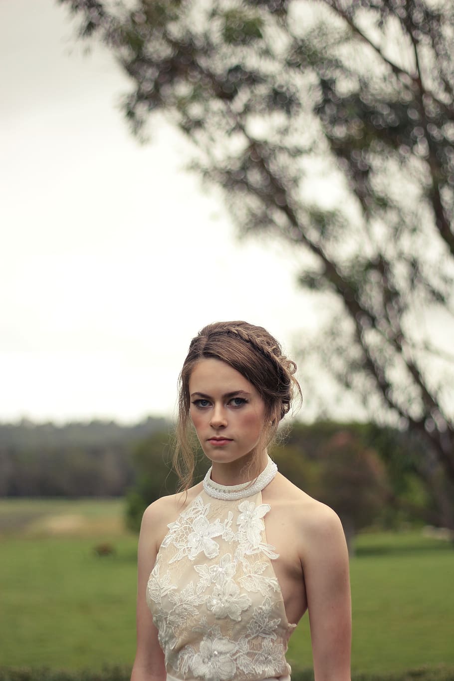woman, white, lace halter, top, daytime, bride, portrait, young, female, girl