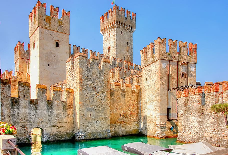 sirmione, garda, scaligero castle, italy, tourism, architecture, lombardy, middle ages, summer, landscape