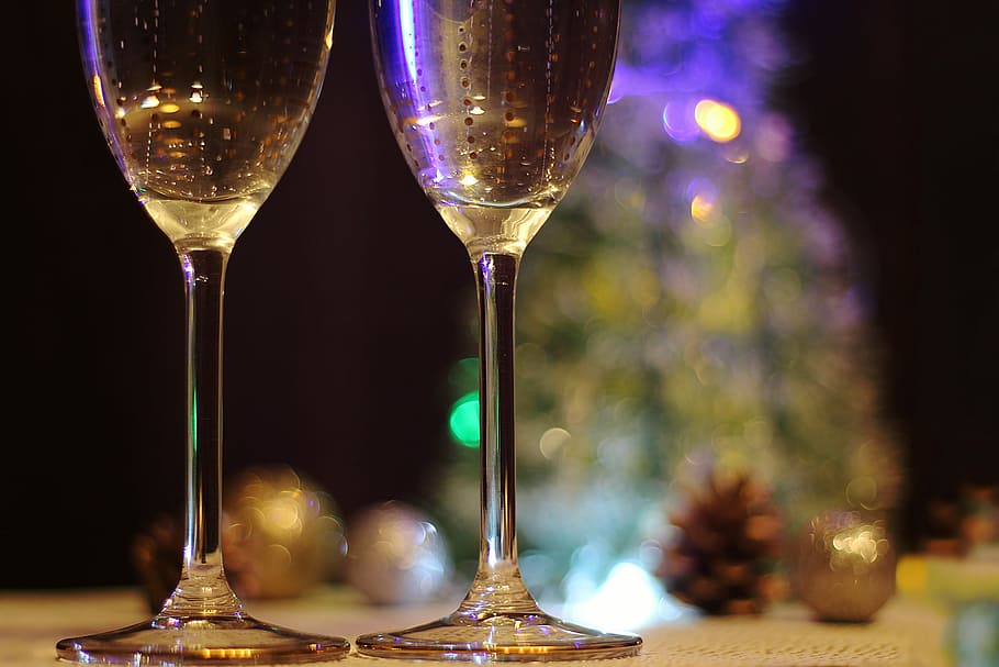 dos botellas de champán, botellas de champán, celebración, navidad, alcohol, vaso para beber, bebida, champán, vino, decoración