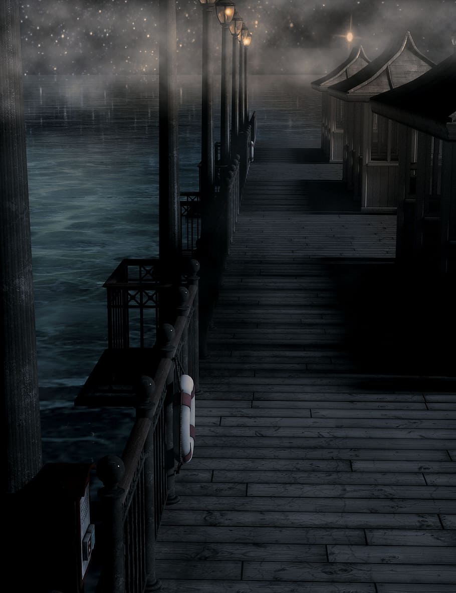 black, wooden, dock, web, night, fog, water, atmosphere, dark, sky