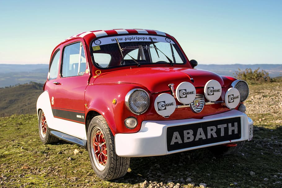 classic, red, white, abarth coupe, parked, ground, blue, sky, six hundred seat, abarth