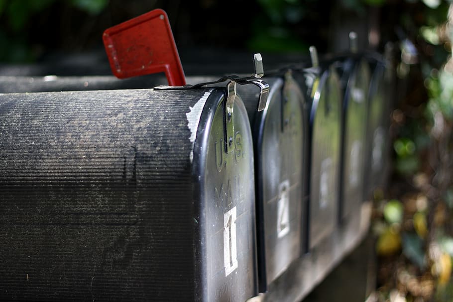 close, black, mailboxes, mail, newsletter, home, mailbox, hiring, focus on foreground, close-up