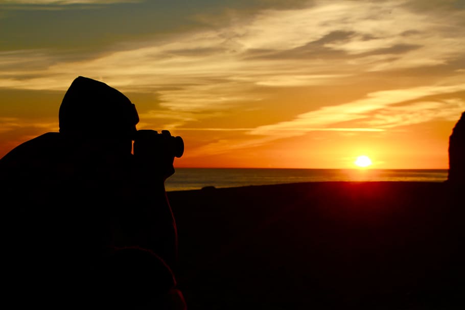 fotógrafo, sombra, Pôr do sol, fotografia, profissão, atividades, foto, crepúsculo, mar, paisagem