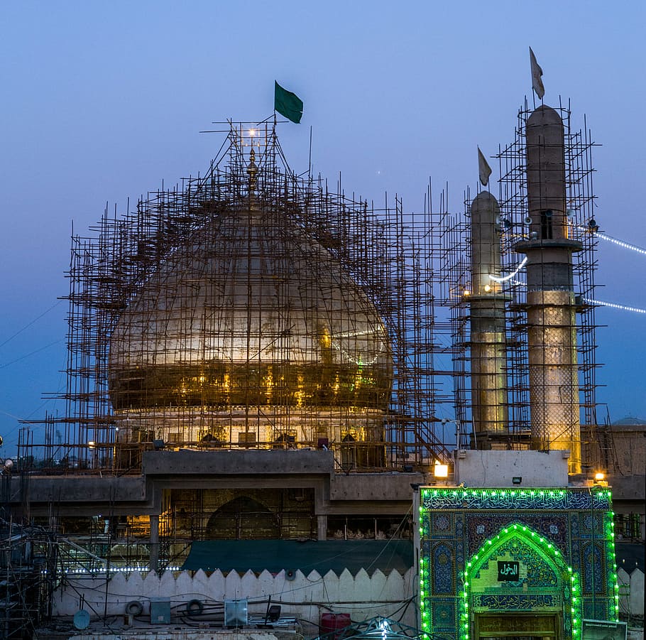 mosque under construction, al-askari mosque, repairs, minarets, iraq, scaffold, construction, building, religious, architecture