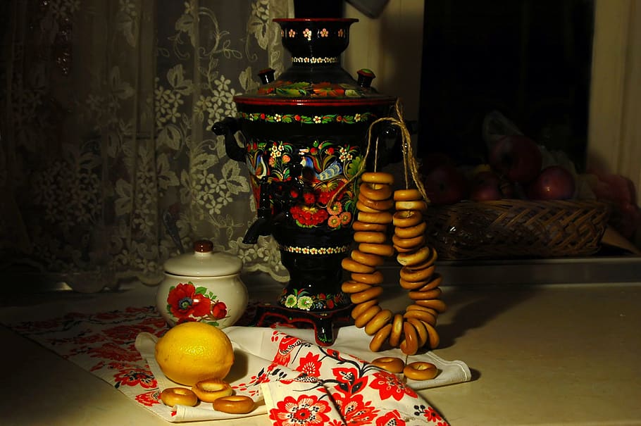 still life, samovar, painted, petrykivka, bagels, lemon, lighting, food, tea party, rustic