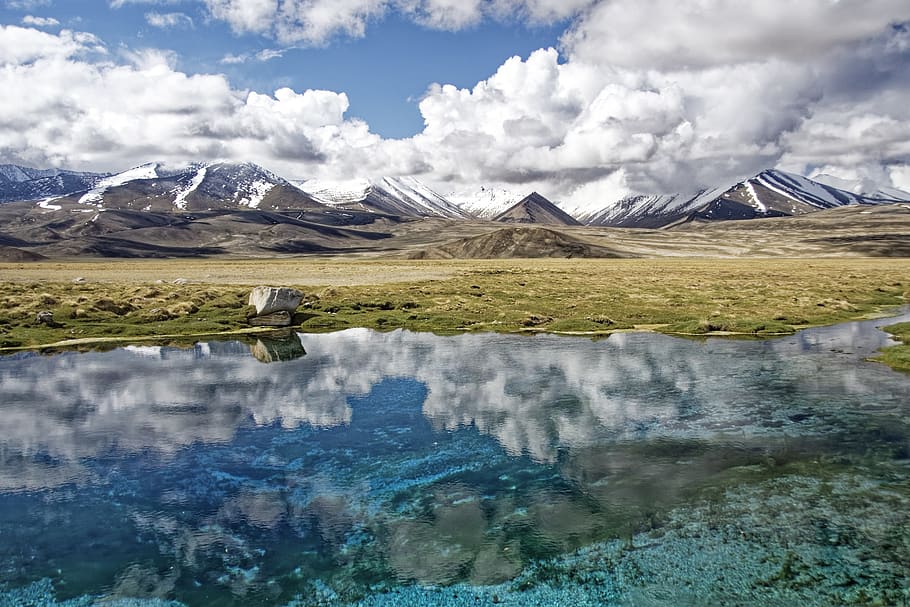 tajikistan, badakhshan national park, national park, ak-balyk lake, lake, water, blue, green, reflection, mirroring