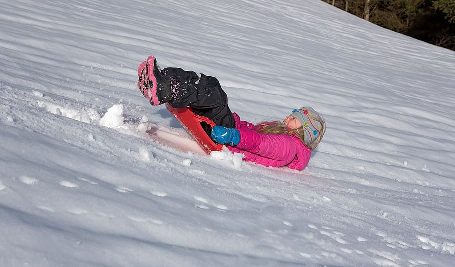 girl slide, snow, daytime, Child, Girl, Ride On, Downhill, bob, backwards, in motion