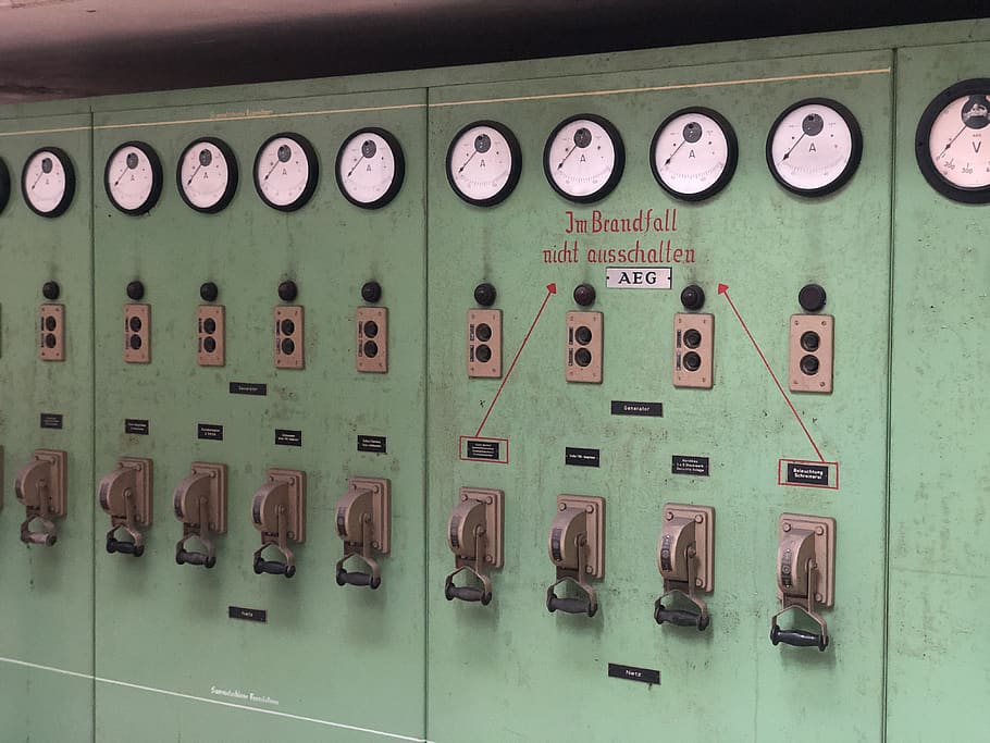 old factory, electric, control cabinet, current, distributor, electricity, control panel, technology, control, indoors