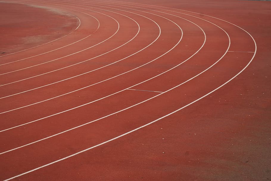 white, curved, lines, brown, surface, track, field, lanes, competition, sports
