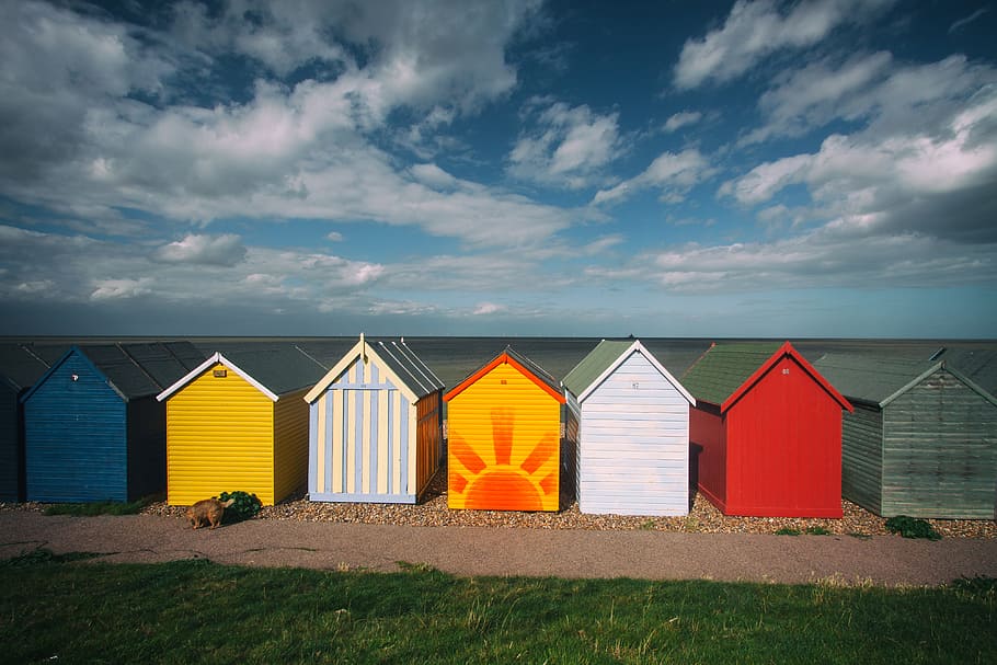 captura, costeira, cabanas de praia, dia de verão, imagem, capturada, Grande angular, Kent, Inglaterra, vários