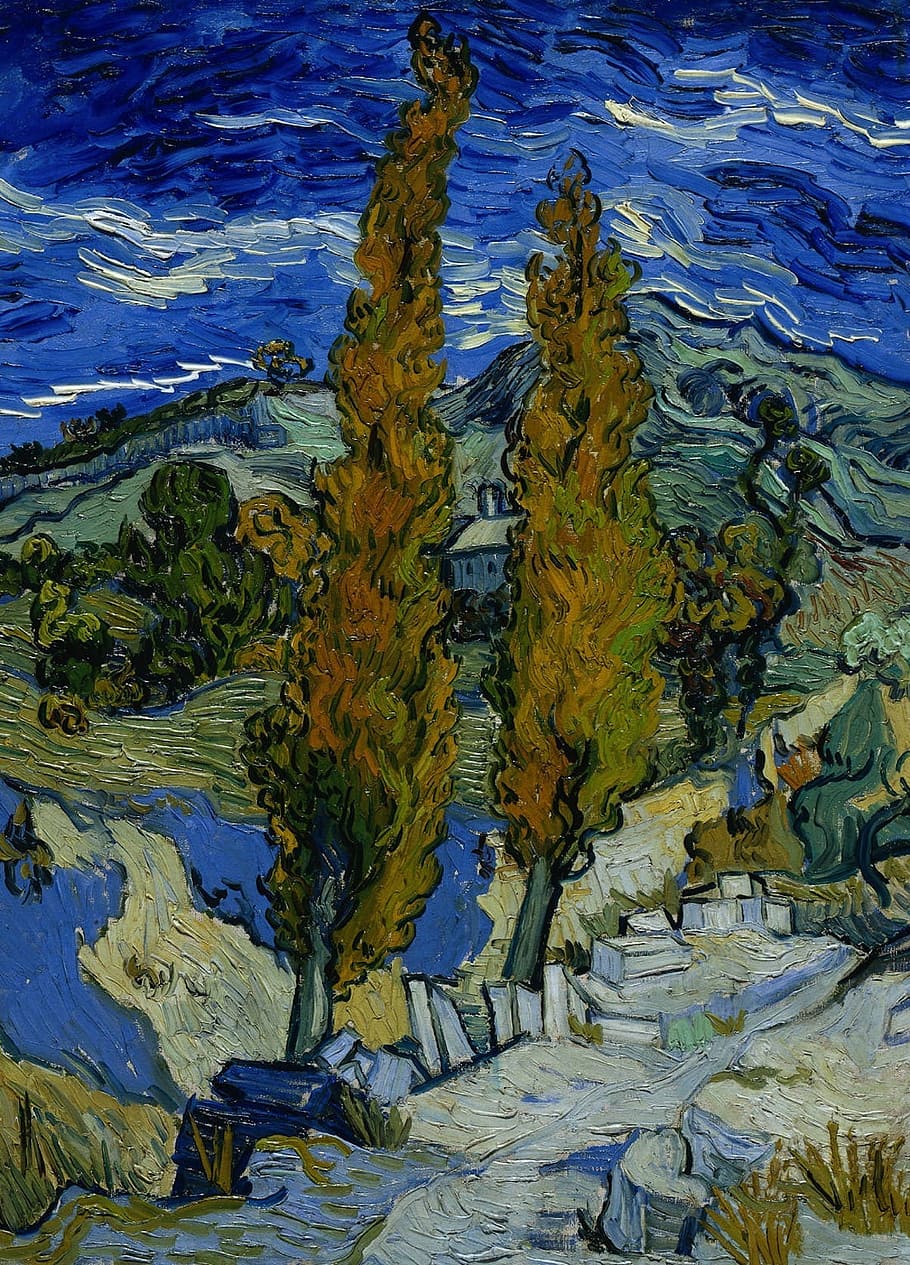 trees, mountain, body, water painting, vincent van gogh, landscape, painting, art, artistic, artistry