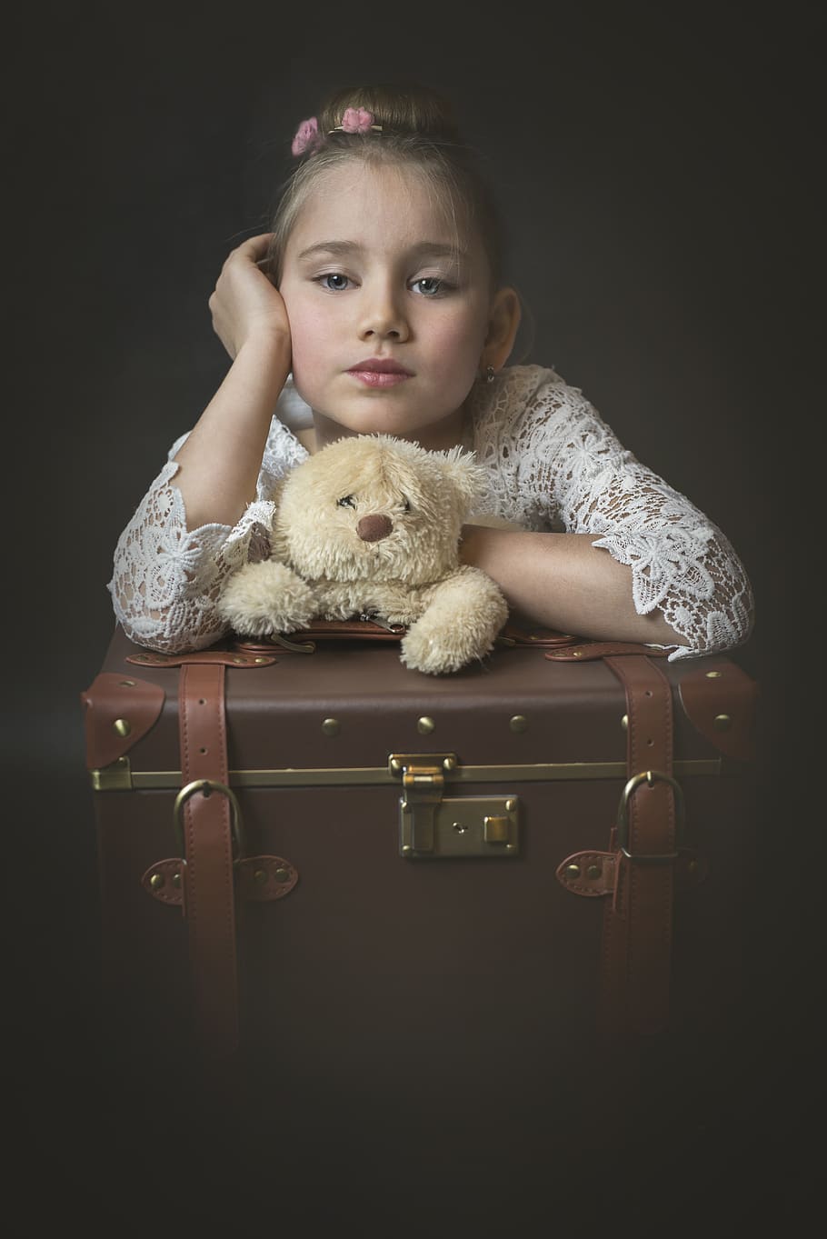 girl, childhood, teddy bear, the suitcase, travel, boring, dark, toy, child, indoors