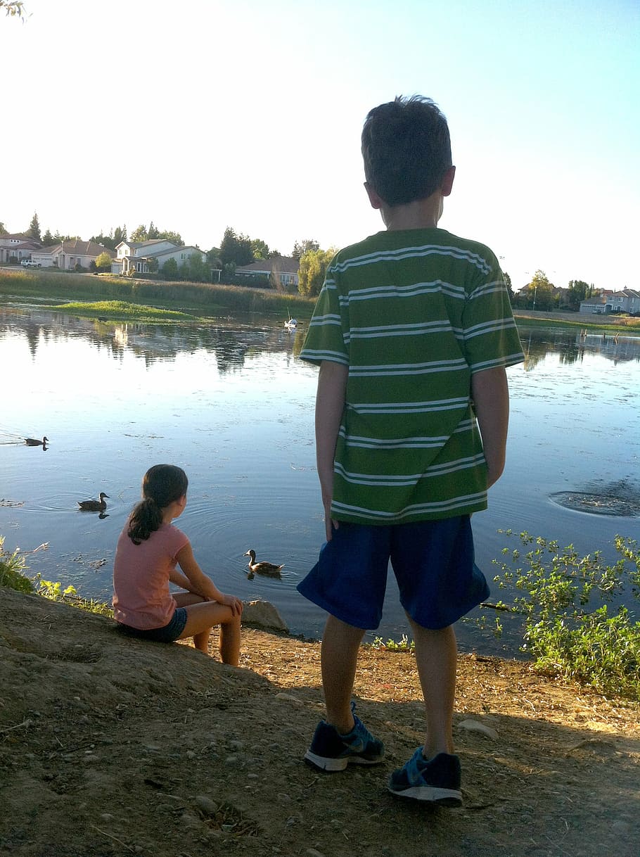 siblings, kids, boy, girl, young, pond, ducks, thinking, rear view, child