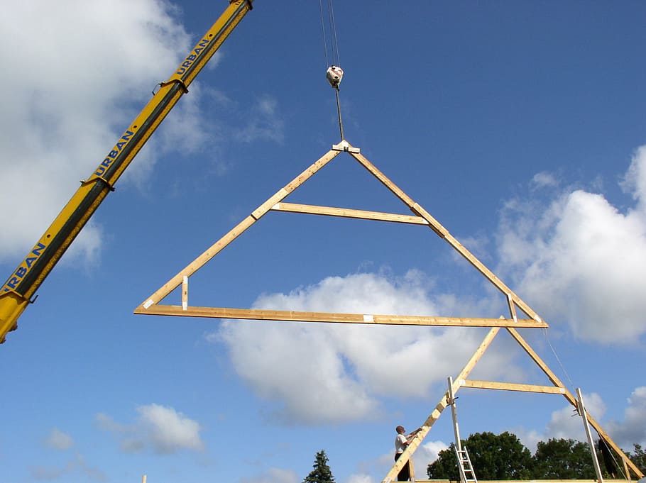 house construction, block house, roof truss, sky, cloud - sky, nature, day, blue, industry, construction industry