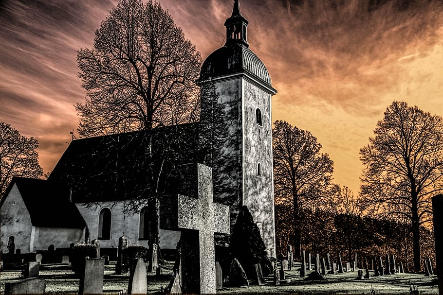 gray, concrete, chapel, graveyard painting, grödinge, church, cemetery, hdr, atmosphere, sweden