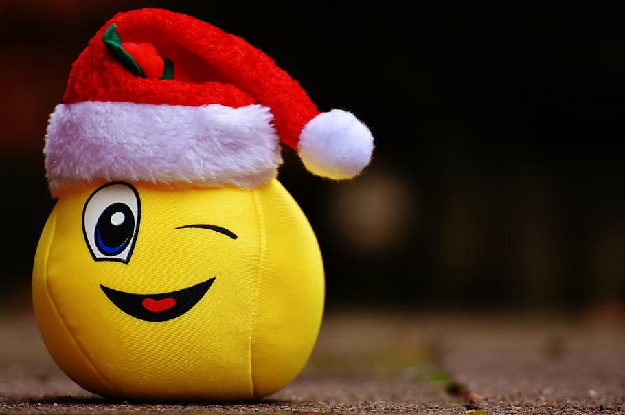 christmas, smiley, funny, laugh, wink, santa hat, celebration, representation, toy, holiday