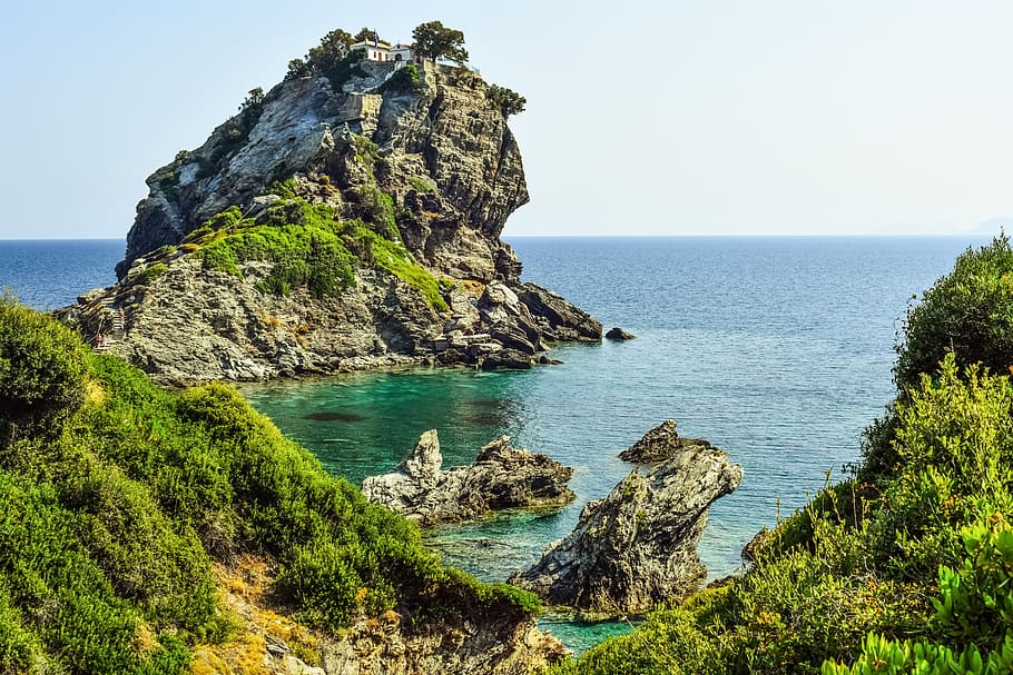 rock formation, sea, greece, skopelos, kastri, ayios ioannis, rock, coast, nature, scenery