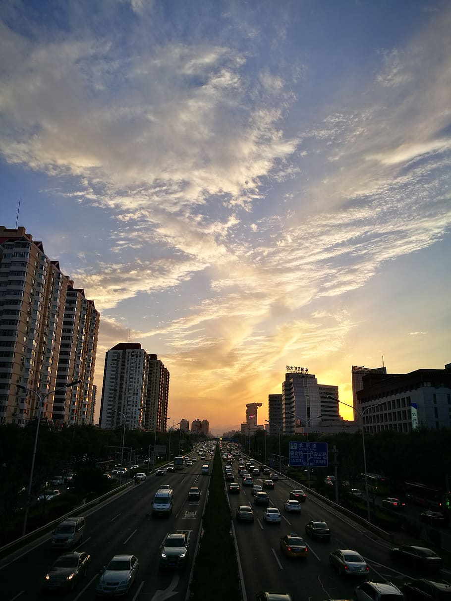 Pequim, quatro loop, tráfego, transporte, carro, céu, veículo motorizado, arquitetura, modo de transporte, cidade