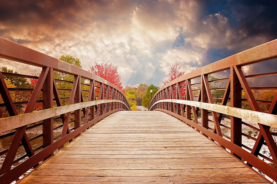 brown, wooden, bridge, daytime, sunset, nature, fall, river, city, urban