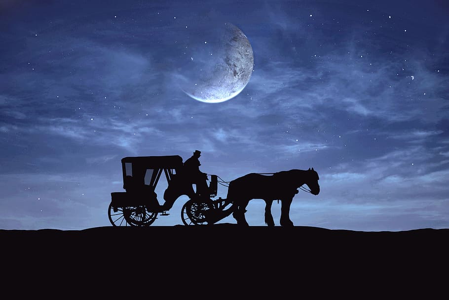 descanso, disfrutar, media luna, estrella nocturna, noche de belleza, atmósfera, silueta, manejar, sentado, carro
