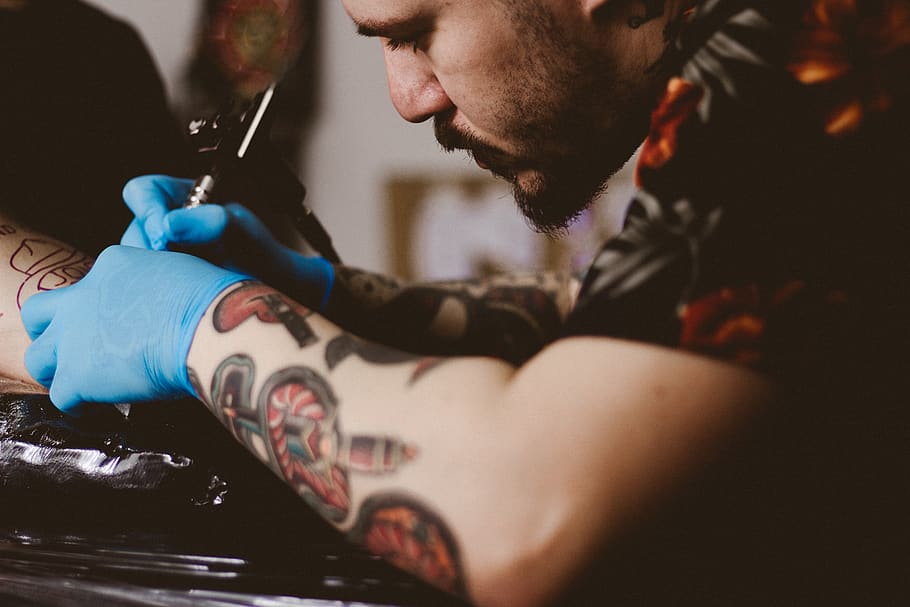 mão, luva, ombro, braço, tatuagem, arte, pessoas, homem, artista, interior