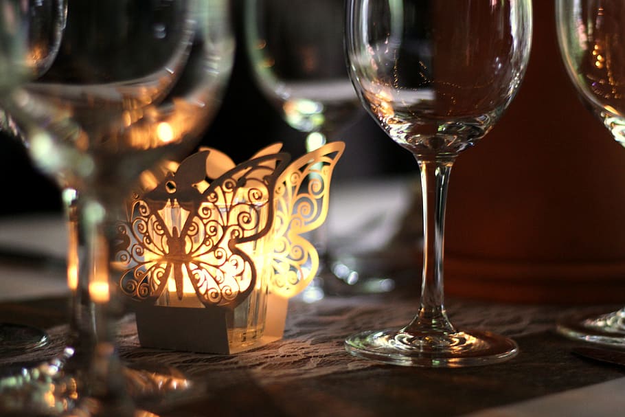 table, decoration, table decorations, tealight, light, candle, glasses, alcohol, glass, drink