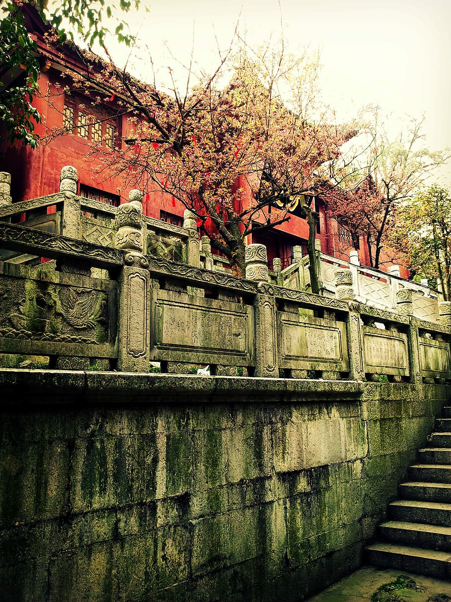 Asia, China, Guiyang, parque qianling, monasterio, templo, pared, textura, arquitectura, flores