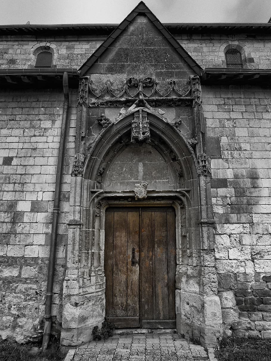 grayscale photography, concrete, Saulces-Champenoises, France, Building, door, doorway, architecture, structure, wood