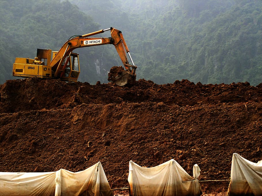 yellow excavator, digging, soil, hill, machine, fishing net, frame, land, water, forest