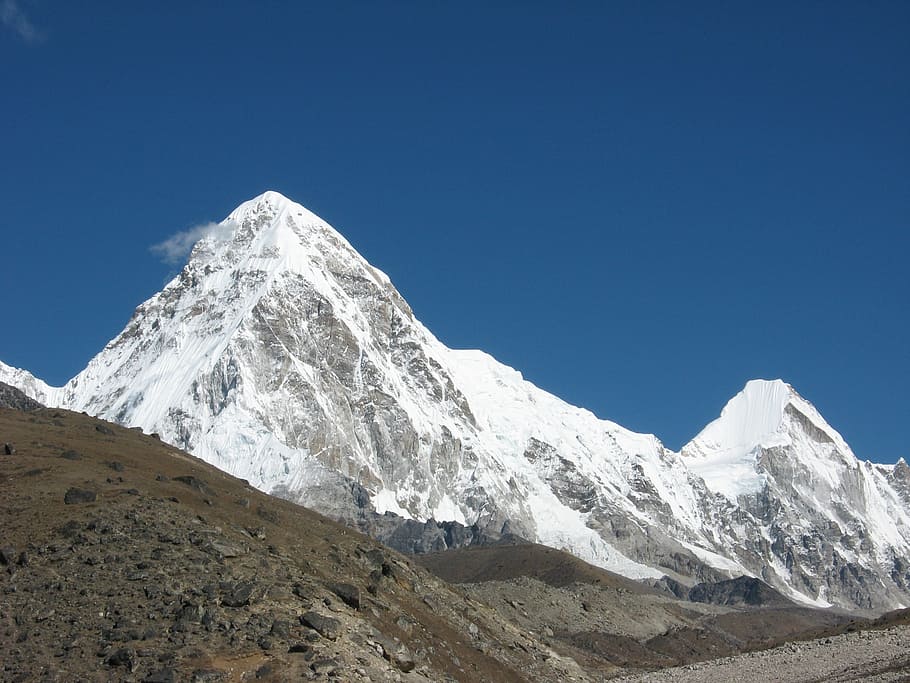 snow-capped mountain, blue, hour, pumori, himalaya, everest trek, mountain, snow, landscape, mountains