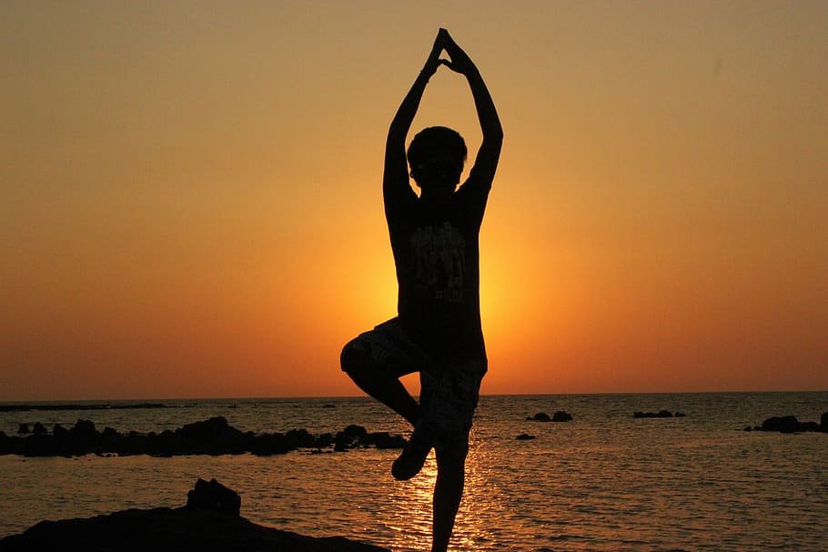 silhouette, person, meditating, sea, golden, hour, yoga, balancing, meditation, dancing