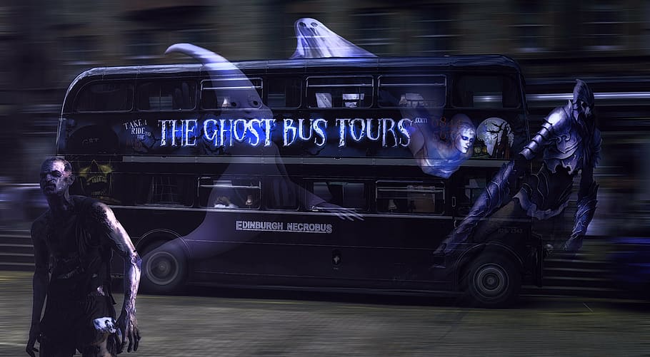 ghost bus tours illustration, halloween, ghosts, ghouls, zombie, edinburgh, scotland, transportation, car, speed