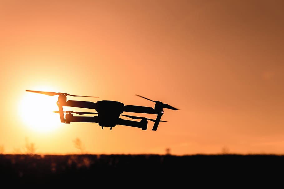 drone, sunset, field, red, sun, sky, minimal, air vehicle, flying, airplane