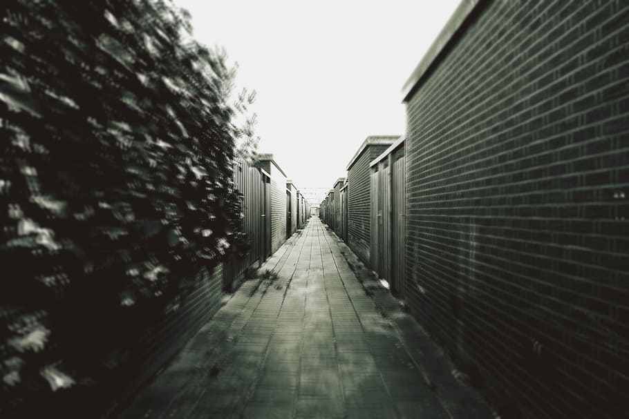 grayscale photography, street, architecture, building, structure, establishment, alley, blur, black and white, monochrome