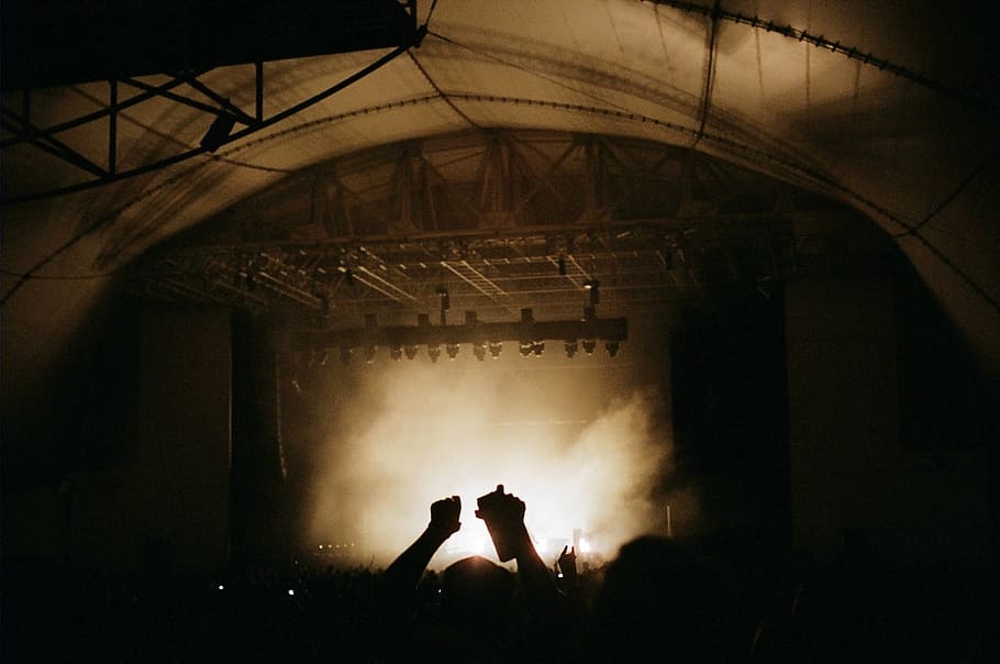 silhouette photo, crowd, front, stage, close, music, concert, party, smoke, lights