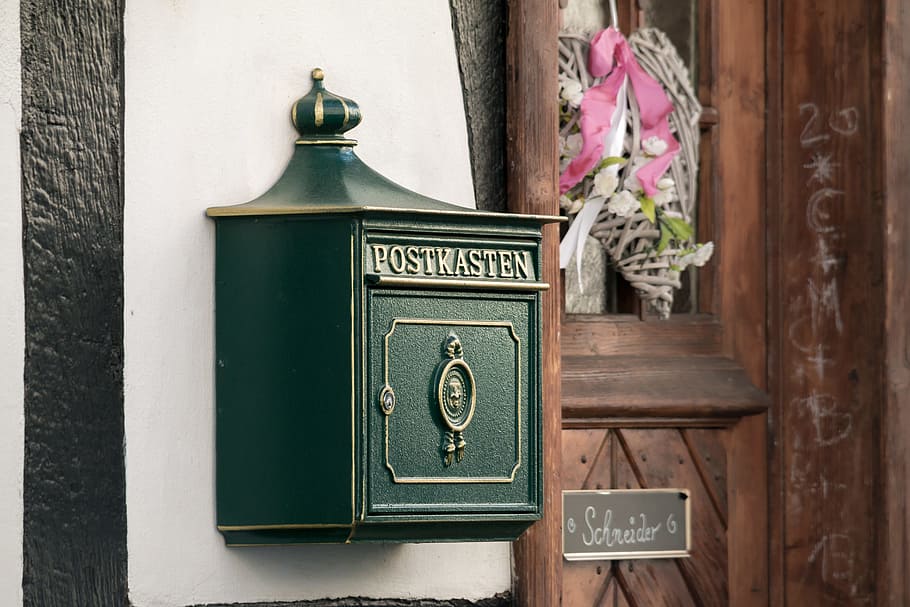 Mailbox, Post, Letter, Boxes, Green, Gold, letter boxes, green, gold, blacksmithing, old