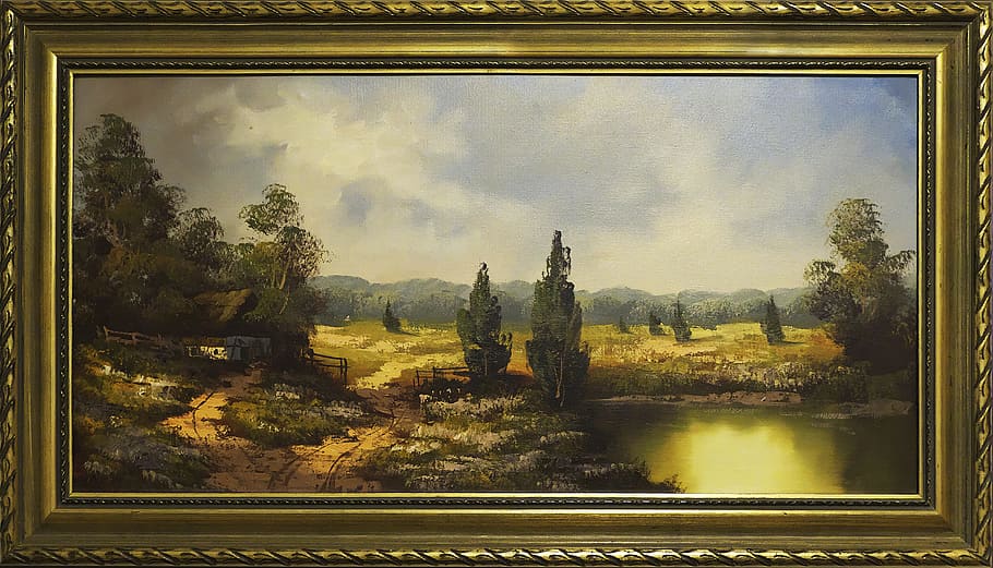 river, surrounding, trees paitning, painting, frame, landscape, painted, art, picture frame, old