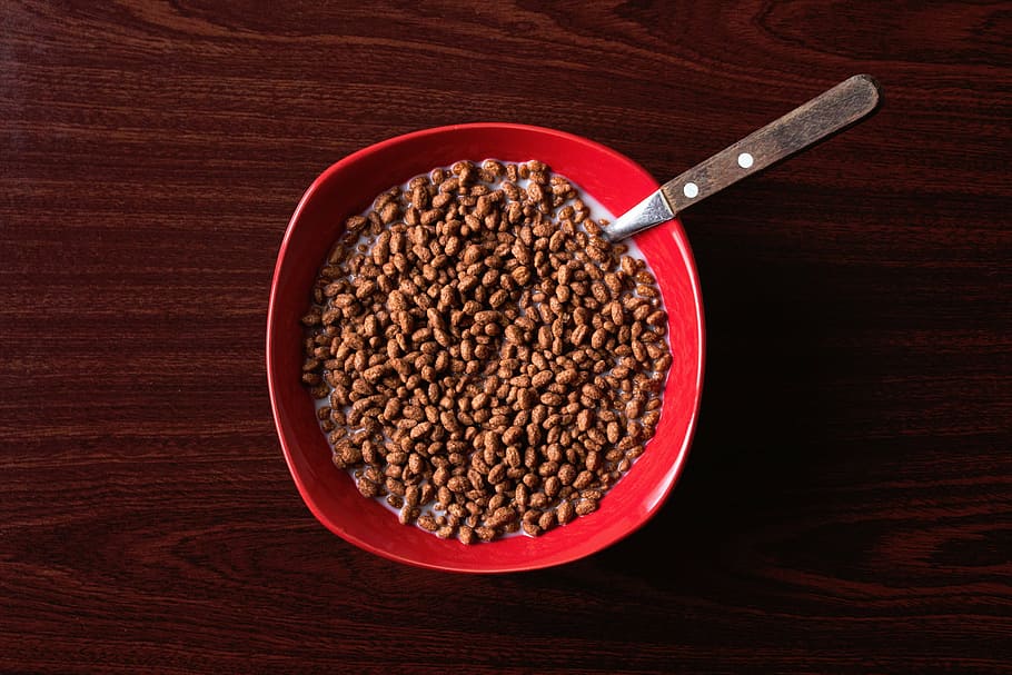 cereal, leche, tazón, comida, desayuno, cuchara, rojo, marrón, madera - Material, semilla