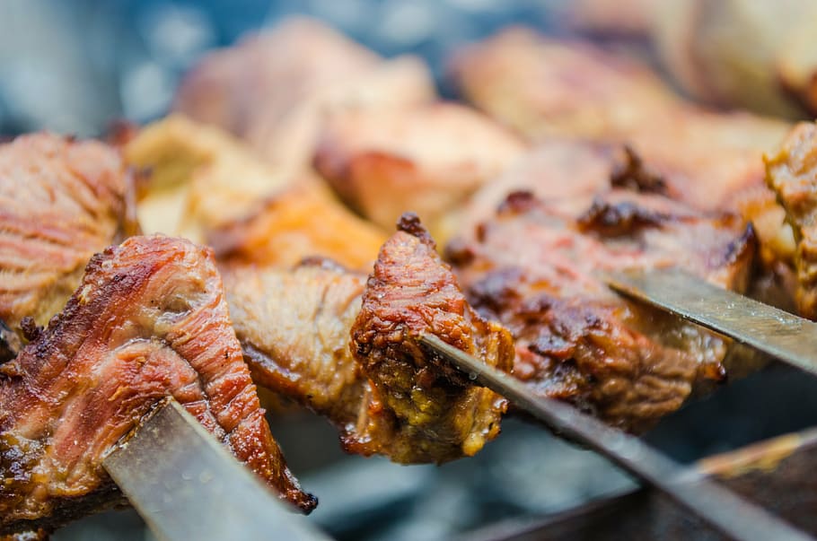 grilled skeward, shish kebab, barbeque, bbq, feast, meat, skewers, brazier, russian cuisine, food